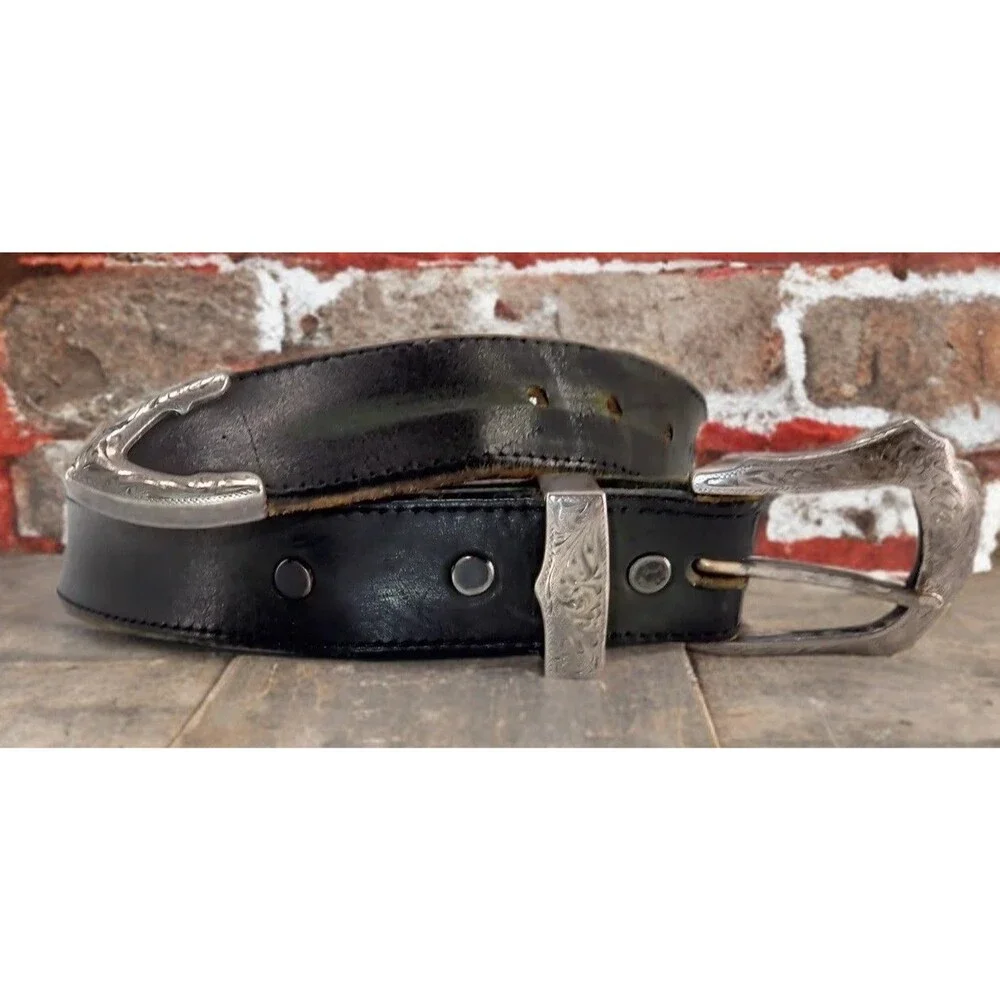 Genuine Black Leather Belt Silver Buckle Casual Men's Size 40 Solid 1